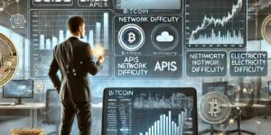 Businessman analyzing advanced Bitcoin analytics and metrics on futuristic digital screens