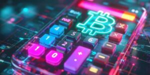 Close-up view of a colorful illuminated smartphone screen displaying a calculator app with cryptocurrency symbols