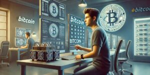 Young cryptocurrency miner analyzing Bitcoin data in a futuristic mining facility.