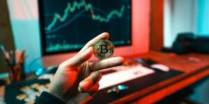 Hand holding a Bitcoin coin with a trading chart displayed on a computer screen in the background