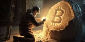 Artist carving a giant Bitcoin symbol into stone.