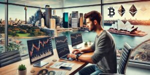 Man trading Bitcoin and Ethereum on multiple screens with Sydney skyline in the background.