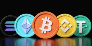 Five popular cryptocurrency coins including Bitcoin, Ethereum, Binance Coin, Solana, and Tether on a black background.