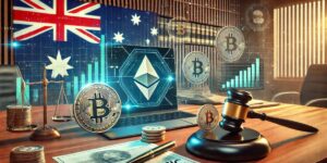 Cryptocurrency regulation in Australia with Bitcoin, Ethereum, and legal gavel on desk in front of Australian flag.