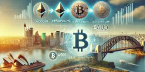  Cryptocurrency market in Australia featuring Bitcoin, Ethereum, and financial charts over Sydney skyline.
