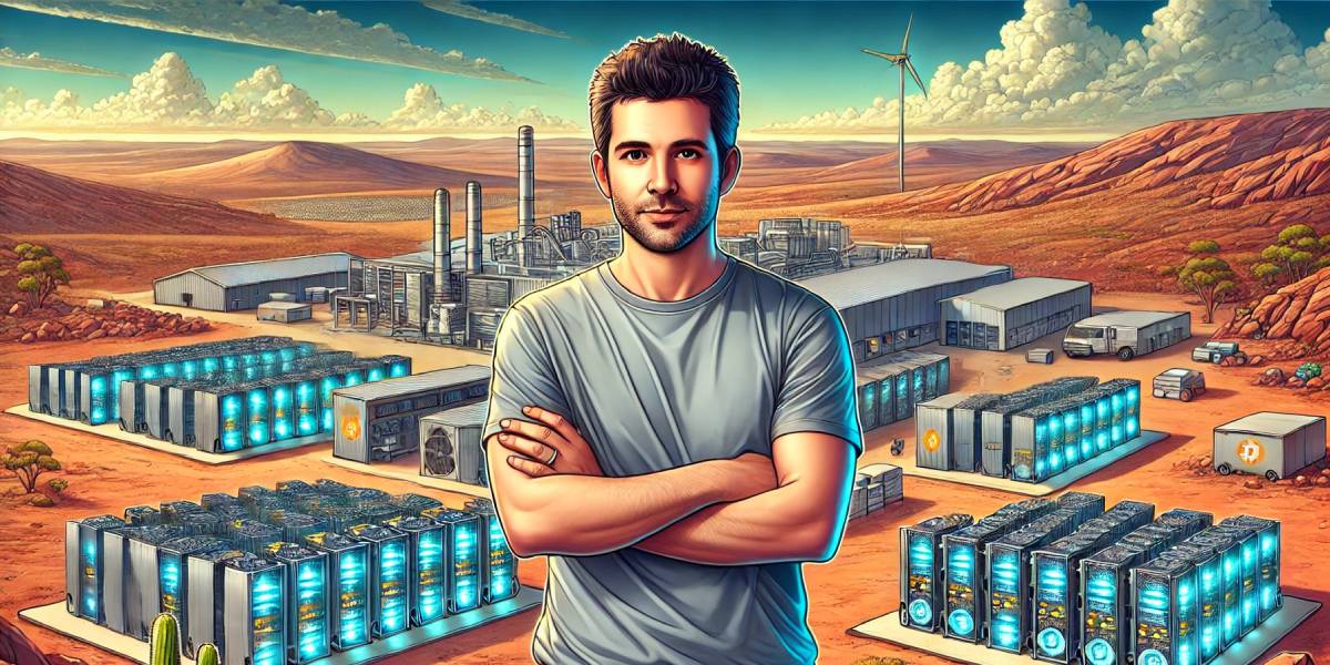 Bitcoin miner expert standing confidently in front of a large-scale cryptocurrency mining facility in the Australian outback, showcasing advanced mining rigs and renewable energy sources.