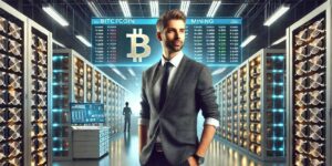 Confident businessman standing in a large Bitcoin mining data center with digital currency exchange rates displayed on screens.