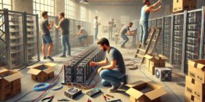 Team of technicians setting up a mining operation in a large warehouse with rows of cryptocurrency mining rigs and equipment