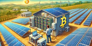 Bitcoin mining farm powered by solar panels and wind turbines, reducing electricity costs for sustainable cryptocurrency operations