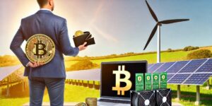Businessman holding Bitcoin with a renewable energy-powered mining setup in the background