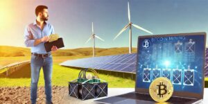 Man holding Bitcoin wallet in front of renewable energy-powered mining setup with a Bitcoin mining display.