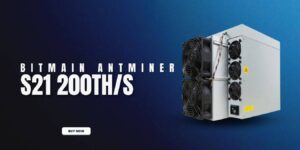 Bitmain Antminer S21 200TH/S cryptocurrency mining hardware with a Buy Now button