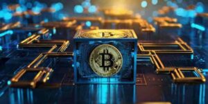 Digital representation of Bitcoin at the center of a blockchain network.
