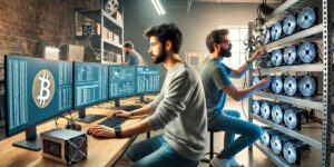 Two technicians managing crypto mining hosting setup with multiple screens and mining rigs