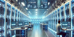 Technicians monitoring servers and cooling systems in a high-tech data center.