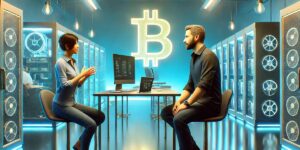 Two professionals discussing cryptocurrency strategies in a data center with Bitcoin symbol backdrop