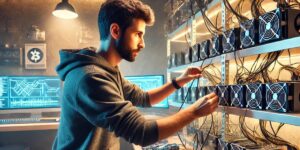 Man setting up a cryptocurrency mining rig in Australia with multiple ASIC miners.