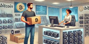 Customer purchasing Bitcoin mining rigs at a specialised cryptocurrency store.