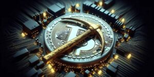 Golden Bitcoin coin with a mining pickaxe on a digital circuit board.