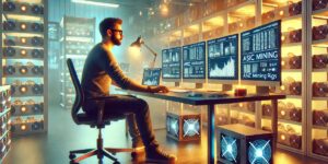 Man with several computers for mining bitcoin