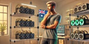 Man inspecting Bitcoin mining hardware in an Australian mining setup with ASIC and GPU rigs