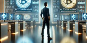  A person standing in a high-tech room with computer setups comparing Bitcoin and altcoin mining.