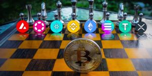 Bitcoin coin on a chessboard with various cryptocurrency logos in the background.