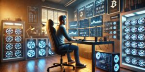Person monitoring cryptocurrency mining operations on multiple computer screens.