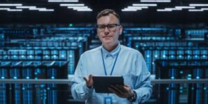 Engineer holding a tablet in a cryptocurrency mining data centre.