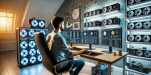 Cryptocurrency miner managing a home-based GPU mining setup with multiple monitors.