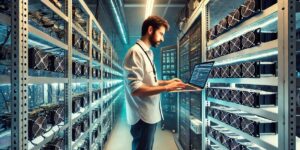 Technician monitoring cryptocurrency mining servers in a data centre with ASIC miners.