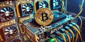 Bitcoin mining rig with a GPU setup and a digital Bitcoin coin representation