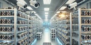 High-security cryptocurrency mining facility with rows of ASIC miners and surveillance cameras.