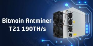 Bitmain Antminer T21 190TH/s, a high-performance ASIC miner for Bitcoin mining, displayed against a digital circuit background. 