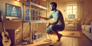 A crypto miner sets up ASIC mining rigs in a home-based mining setup, connecting cables to ensure efficient cryptocurrency mining operations.