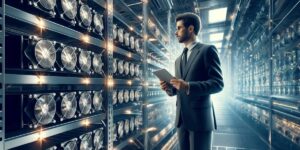 A data center professional in a suit inspects rows of ASIC miner hosting units in a high-tech cryptocurrency mining facility, holding a tablet for monitoring performance.
