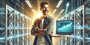 A smiling cryptocurrency miner holds a laptop displaying a rising profit chart inside a high-tech mining facility filled with ASIC mining rigs.