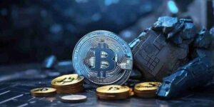 A symbolic Bitcoin coin surrounded by gold coins and digital elements, representing cryptocurrency mining and blockchain technology.