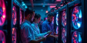 Team of engineers working inside a bitcoin mining facility 