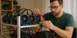 Man setting up a home mining rig with multiple GPU units 