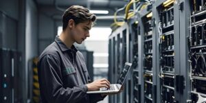 Technician monitoring equipment inside a bitcoin mining facility 
