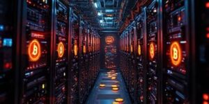 Bitcoin mining facility with rows of illuminated mining rigs 