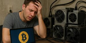 Man frustrated next to a stack of noisy crypto mining machines 