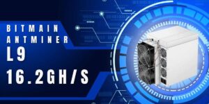 Bitmain Antminer L9 mining hardware with 16.2 GH/s hashrate displayed on tech-themed background 
