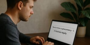 Man searching how to mine cryptocurrency in Australia legally on a laptop 