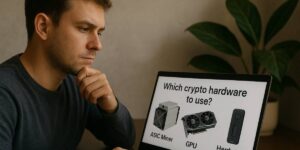 Man thinking while looking at crypto mining hardware options like ASIC miner and GPU