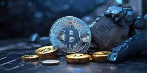 Metallic coin with a Bitcoin symbol surrounded by smaller coins and mining debris 