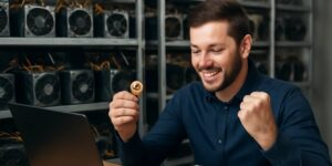 Smiling man holding a bitcoin in front of a laptop inside a room filled with ASIC miners 