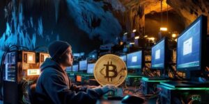 Man operating bitmain mining rigs inside a cave-based cryptocurrency mining farm with multiple monitors and bitcoin symbol in foreground