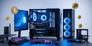 High-performance crypto mining PC setup with RGB cooling and bitcoin graphics on screen 